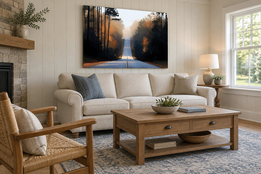 Autumn forest road canvas above a cream sofa in a cottage-style living room with a stone fireplace and oak coffee table.