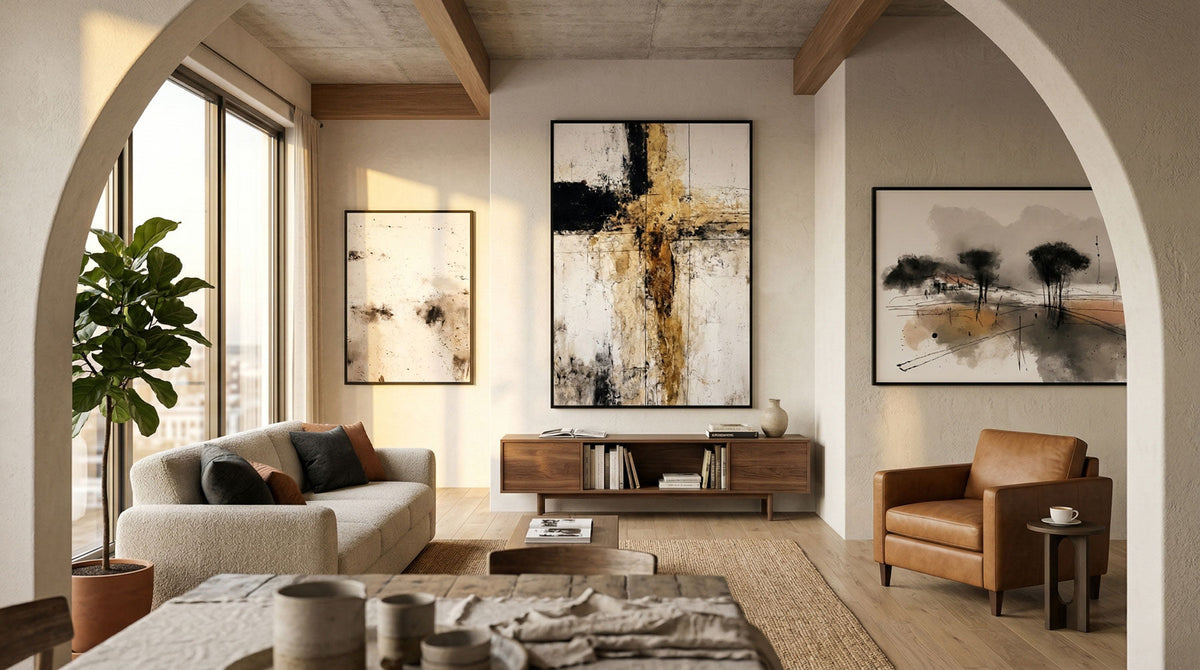 Large abstract canvas print as a statement piece in a warm neutral living room with wood beams and an arched doorway