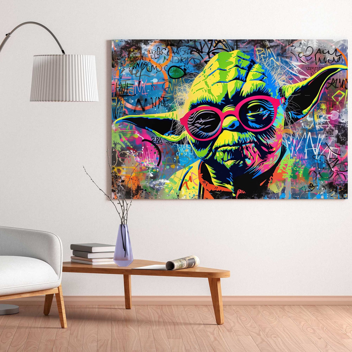 Graffiti-style neon artwork of Master Yoda from Star Wars wearing glasses, set against a chaotic, colourful background inspired by Basquiat’s bold strokes.