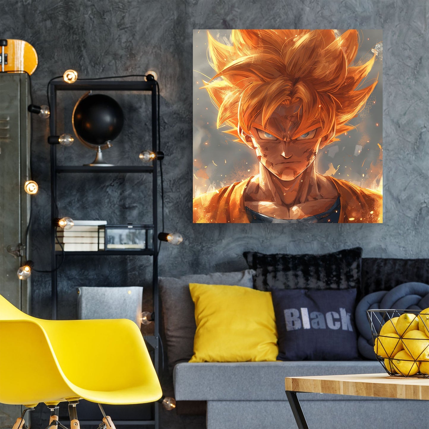 Close-up of a Goku Super Saiyan warrior with golden hair and glowing blue eyes, inspired by Akira Toriyama's Dragon Ball Z anime art style.