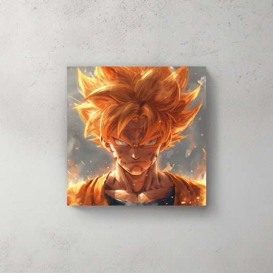 Close-up of a Goku Super Saiyan warrior with golden hair and glowing blue eyes, inspired by Akira Toriyama's Dragon Ball Z  anime art style.