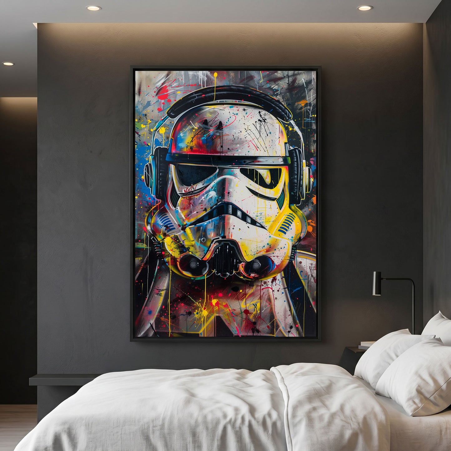 Pop art of Storm Trooper helmet on a wall above a bed.