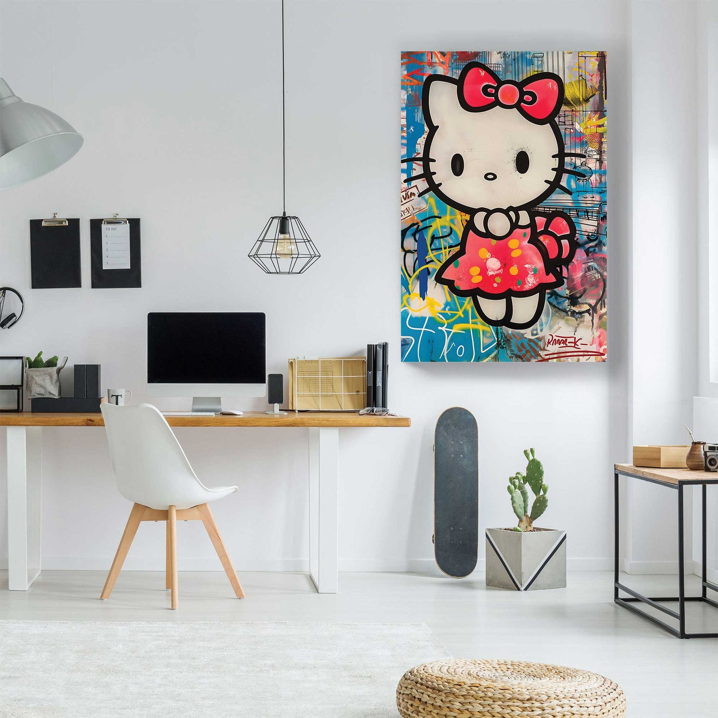 a graffiti wall art print of hello kitty