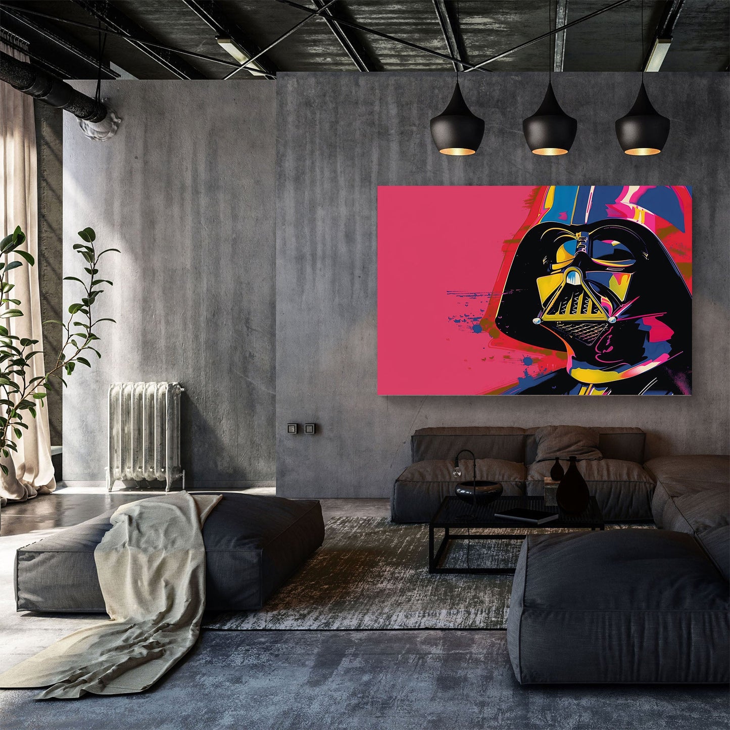 Colourful pop art portrait of Darth Vader from Star Wars with bold yellow, pink, and black tones, inspired by Andy Warhol’s vibrant style.