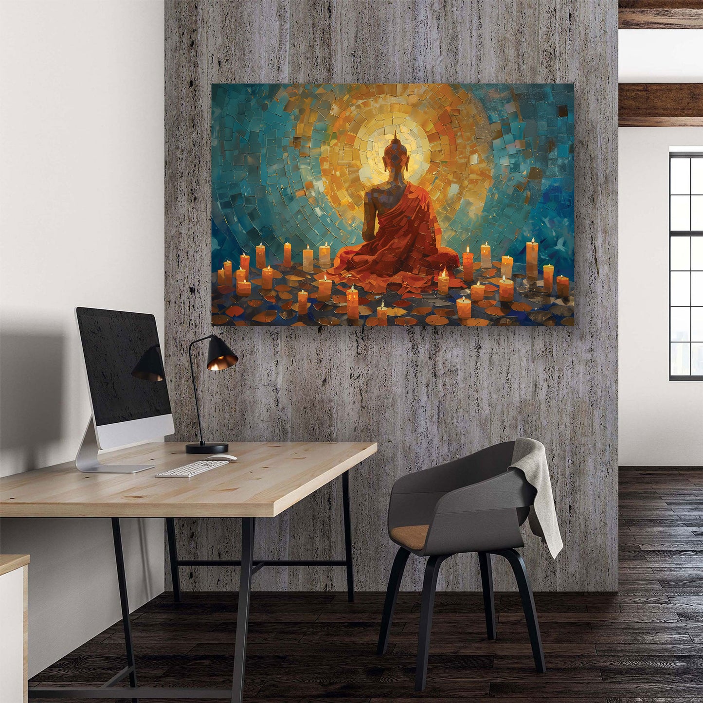 A canvas print featuring a figure seated in a meditative pose with a warm, glowing background, displayed on a wall in a contemporary interior setting.