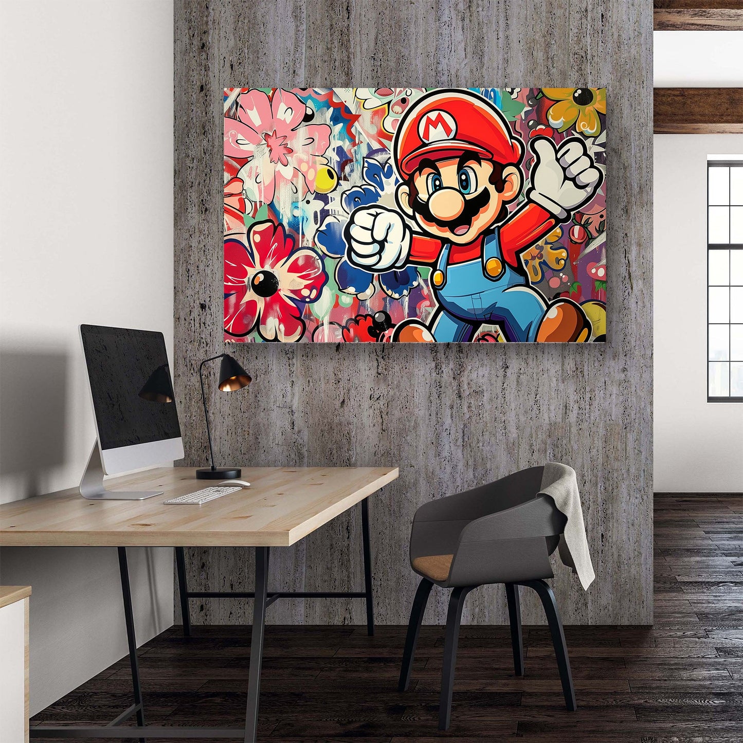A colorful canvas print featuring the character Mario from a popular video game