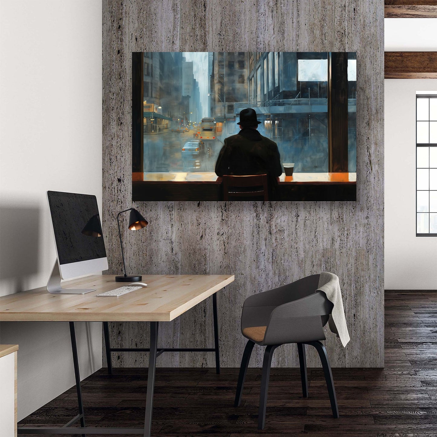 Canvas wall art of aman in a café by a rain-drenched city window, inspired by Edward Hopper's realism.