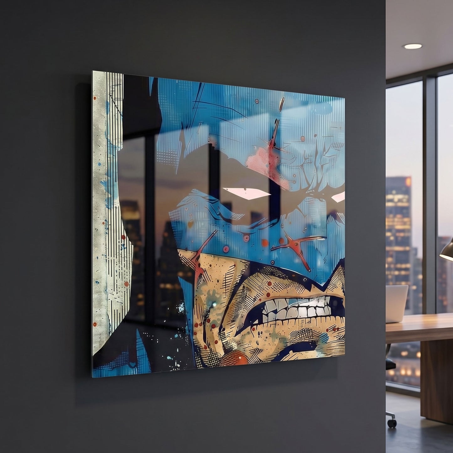 Batman metal print on a dark wall with a cityscape visible through a window.