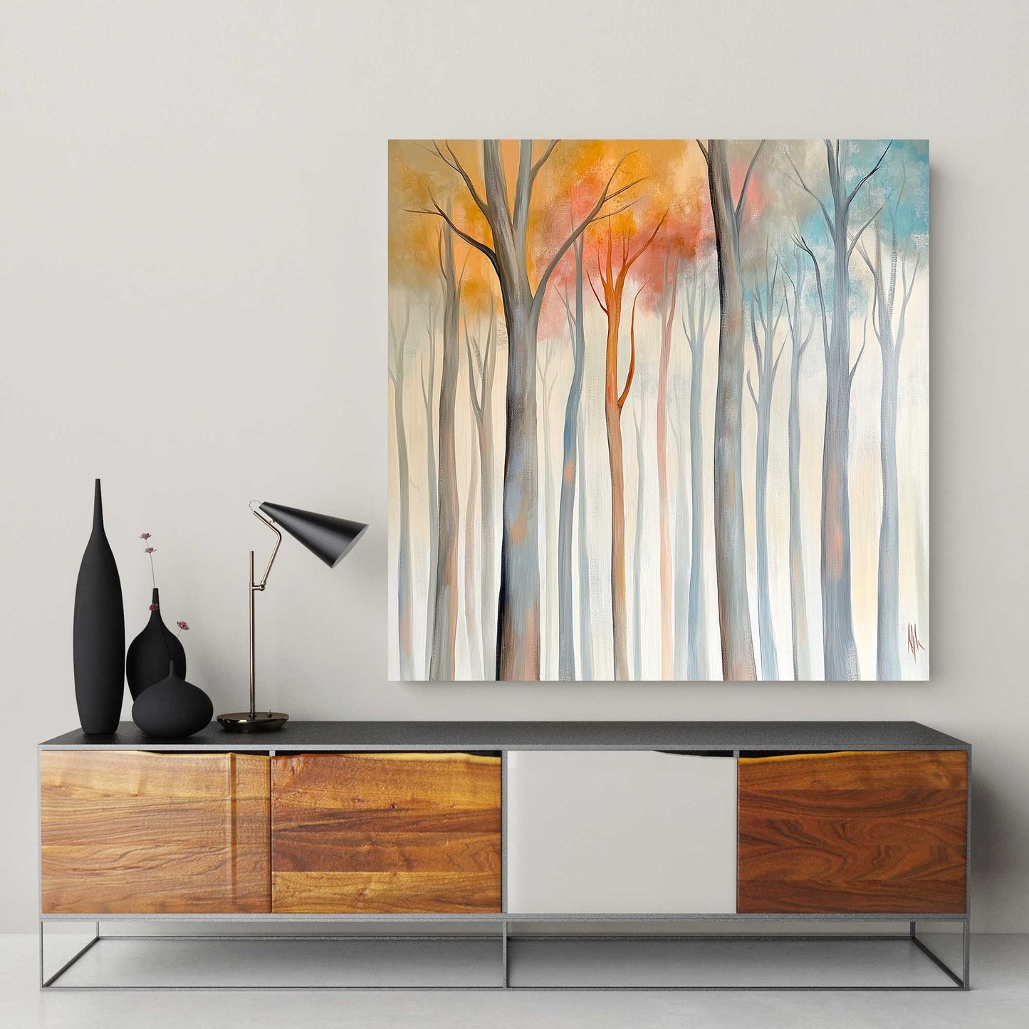 Minimalist landscape art featuring a serene woodland scene with delicate tree