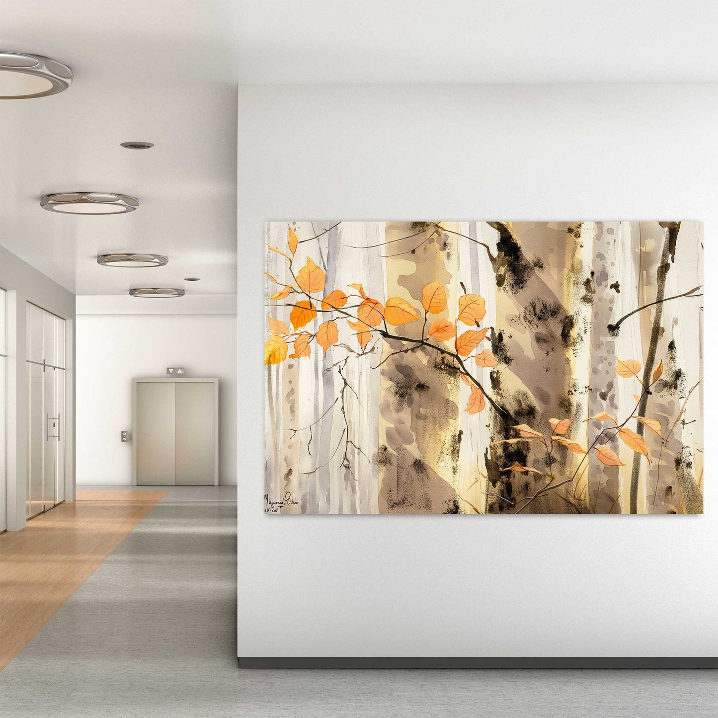serene birch forest wall art decor with warm tones