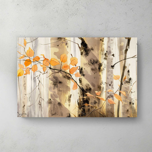 serene birch forest wall art decor with warm tones