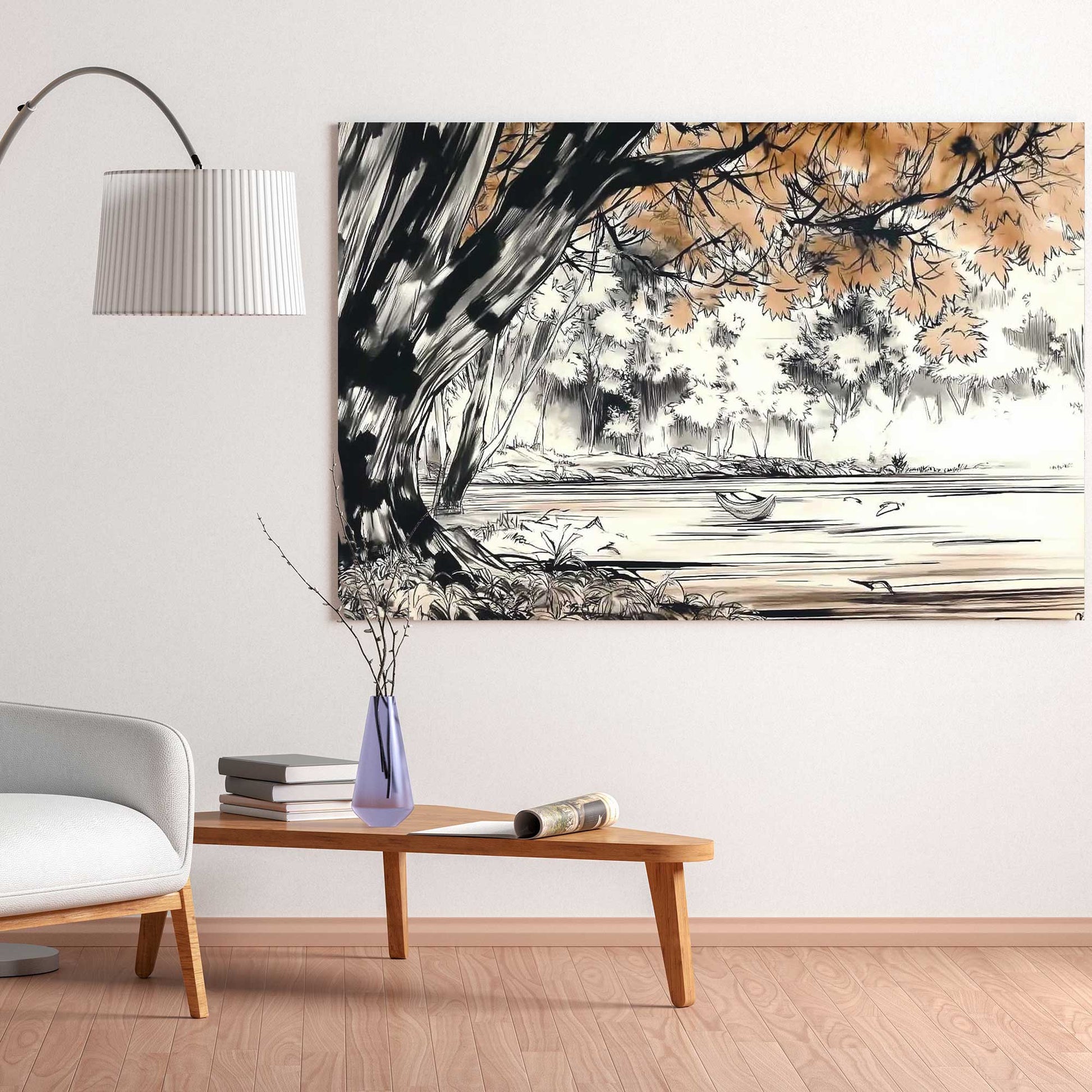 tranquil riverside ink wall art print with trees