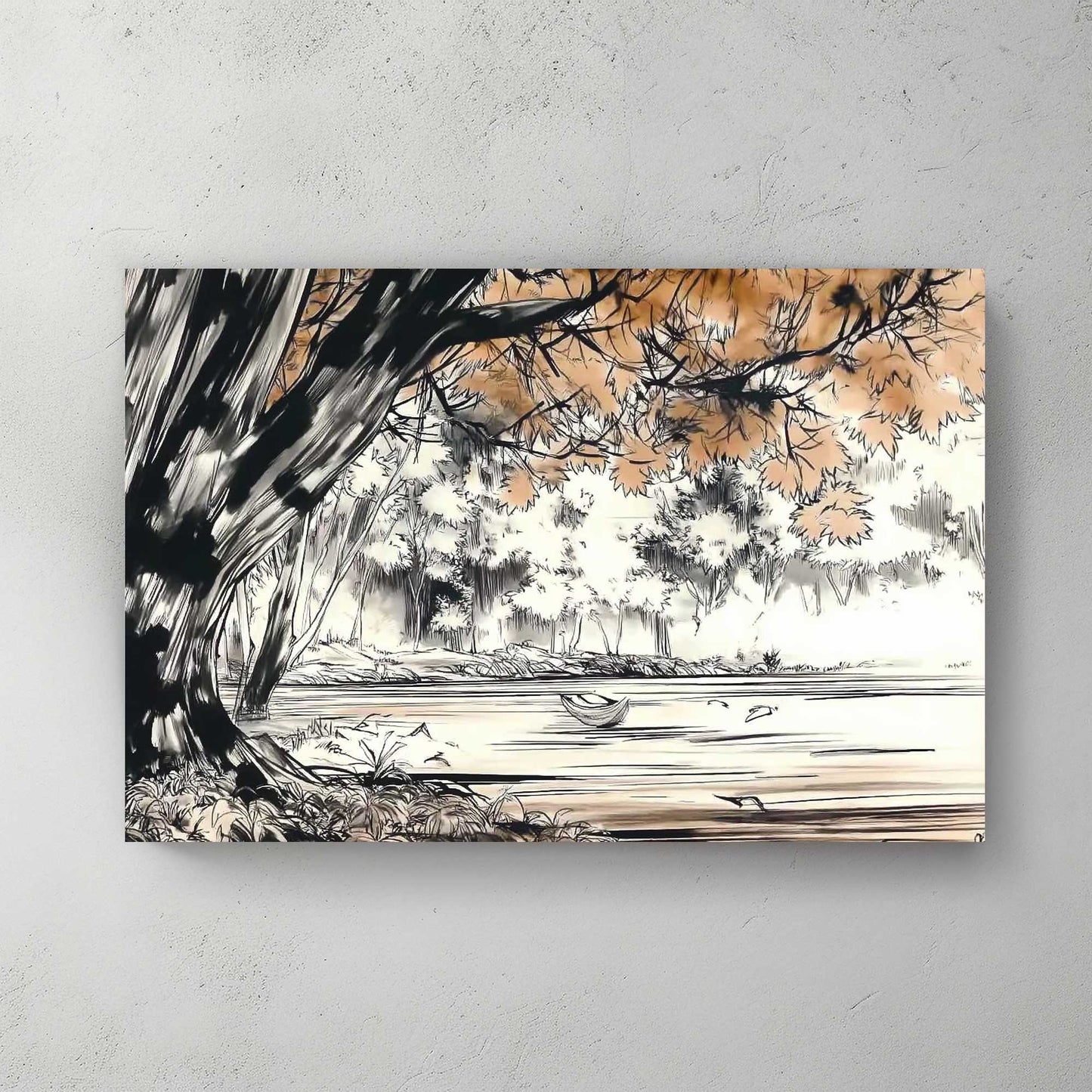 tranquil riverside ink wall art print with trees