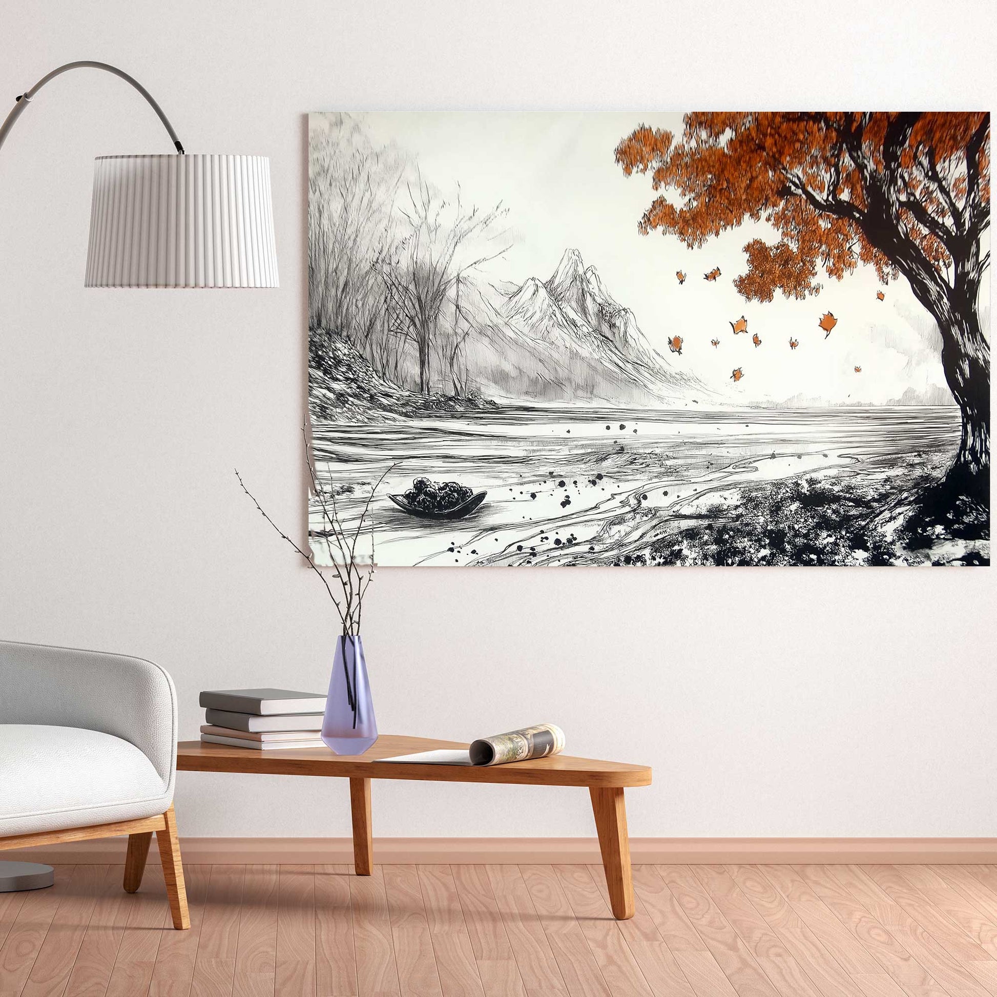 autumn tree ink wall art print with falling leaves