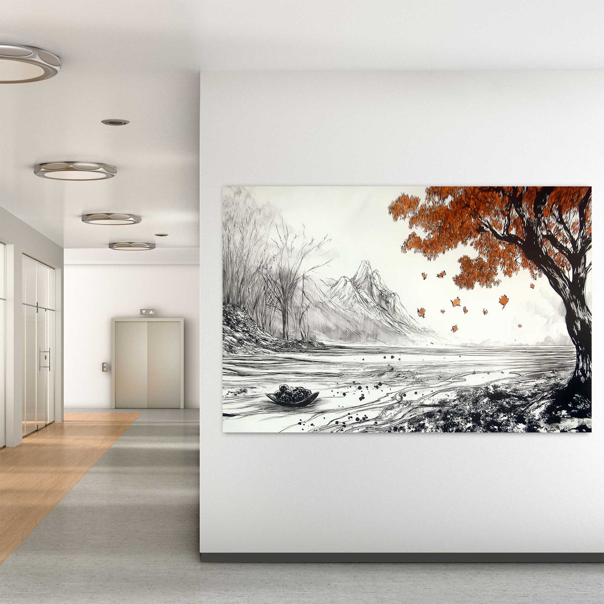 autumn tree ink wall art print with falling leaves