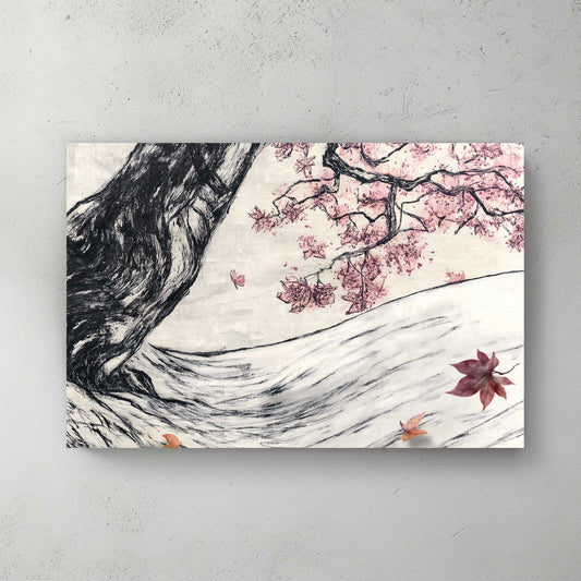 Cherry blossom ink wall art print with soft shading