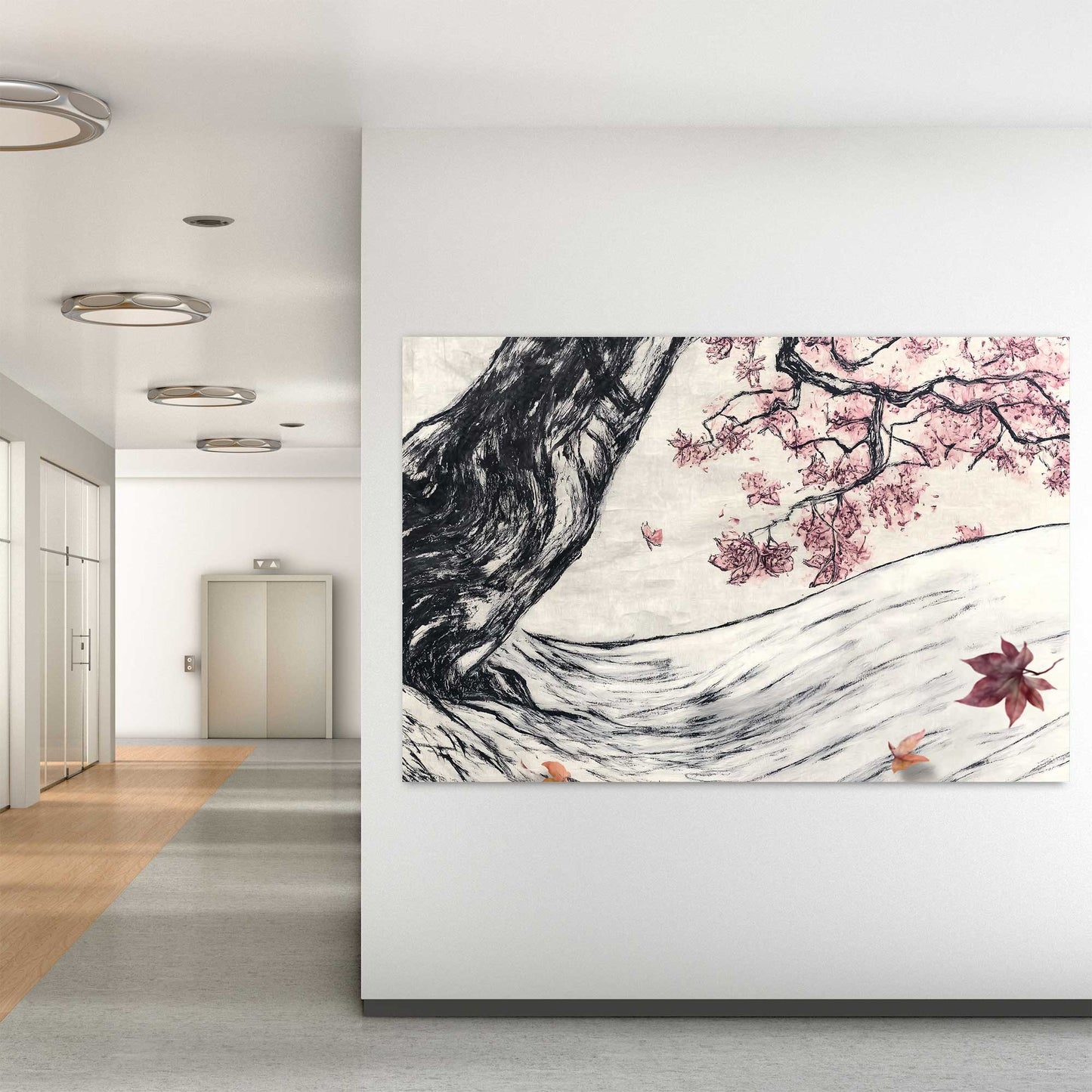 Cherry blossom ink wall art print with soft shading