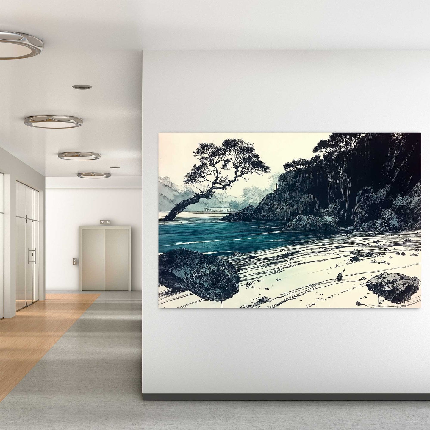 Coastal ink sketch wall art print with blue seascape