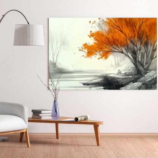Minimalist autumn tree wall art print with lake view