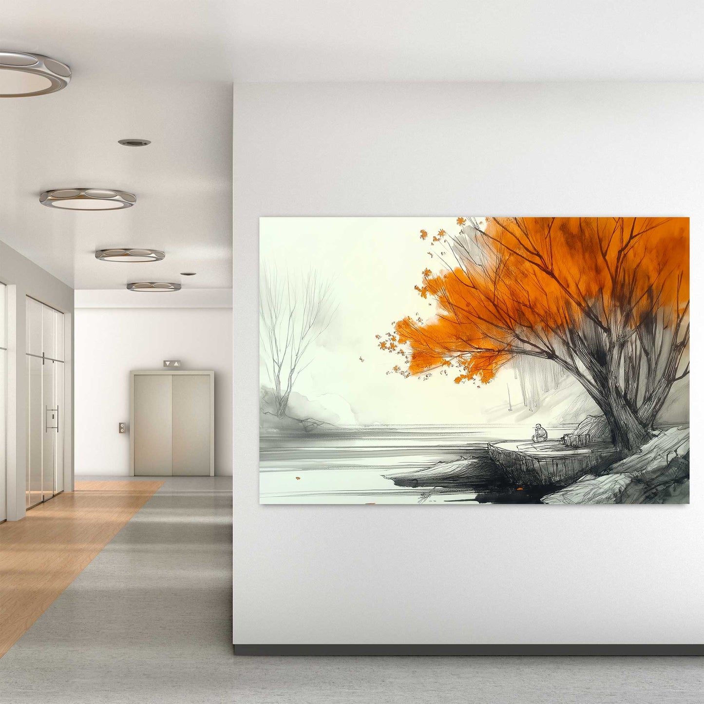 Minimalist autumn tree wall art print with lake view