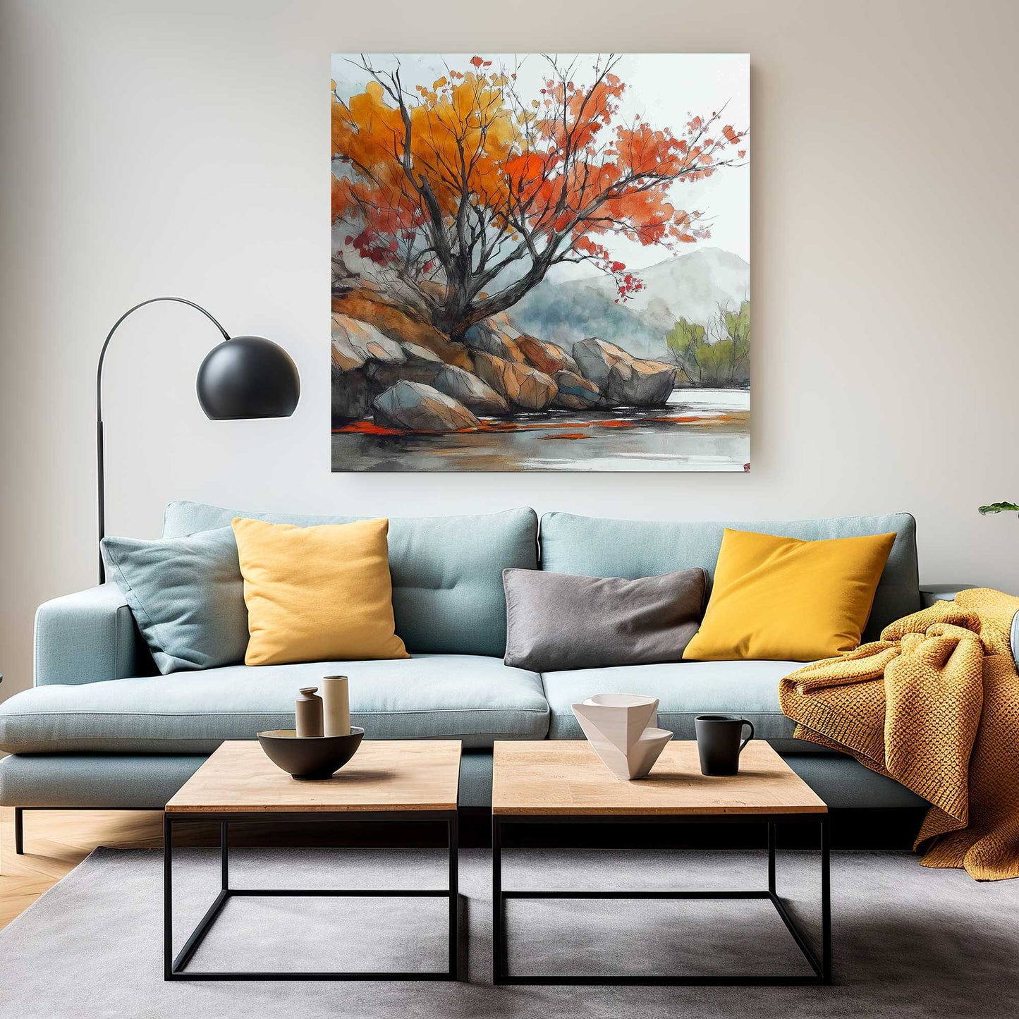 Japanese-inspired watercolour wall art print of a vibrant autumn scene with a river