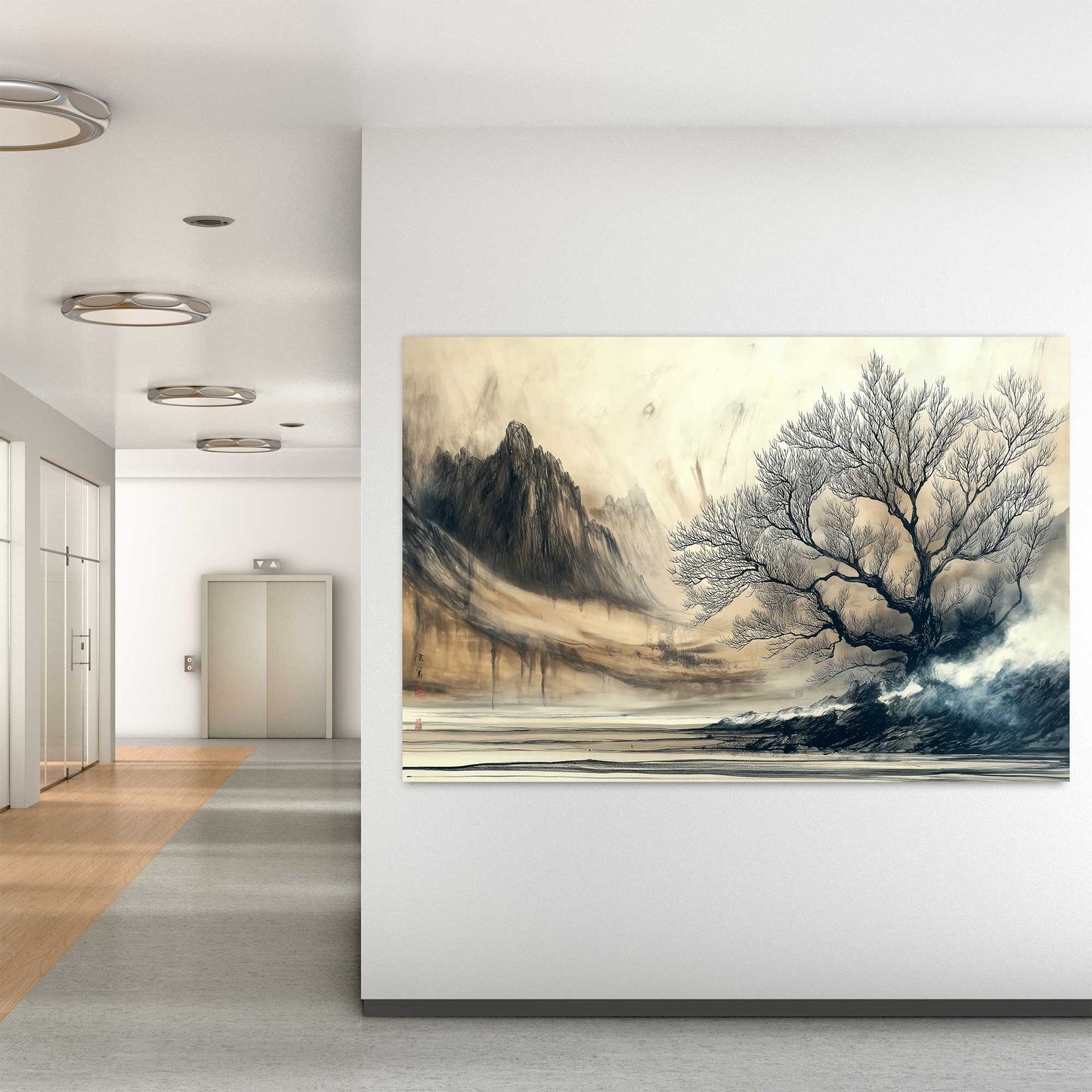 Misty mountain landscape wall art print in ink style