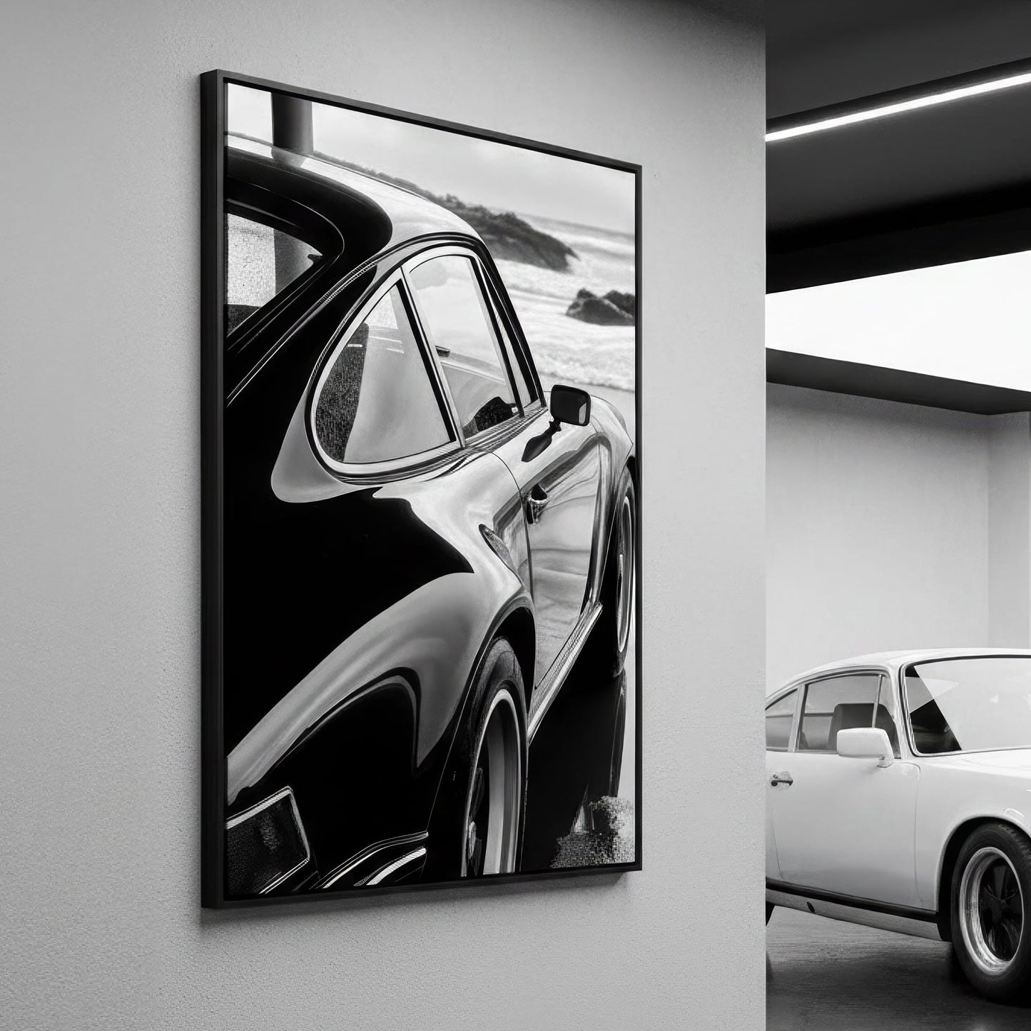 Framed canvas black and white Porsche 911 on a wall