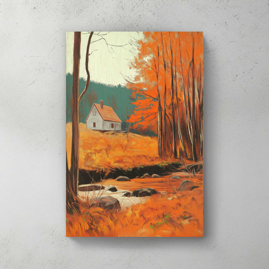 Autumn Cottage by the Stream #1446 Canvas Wall Art & Metal Prints