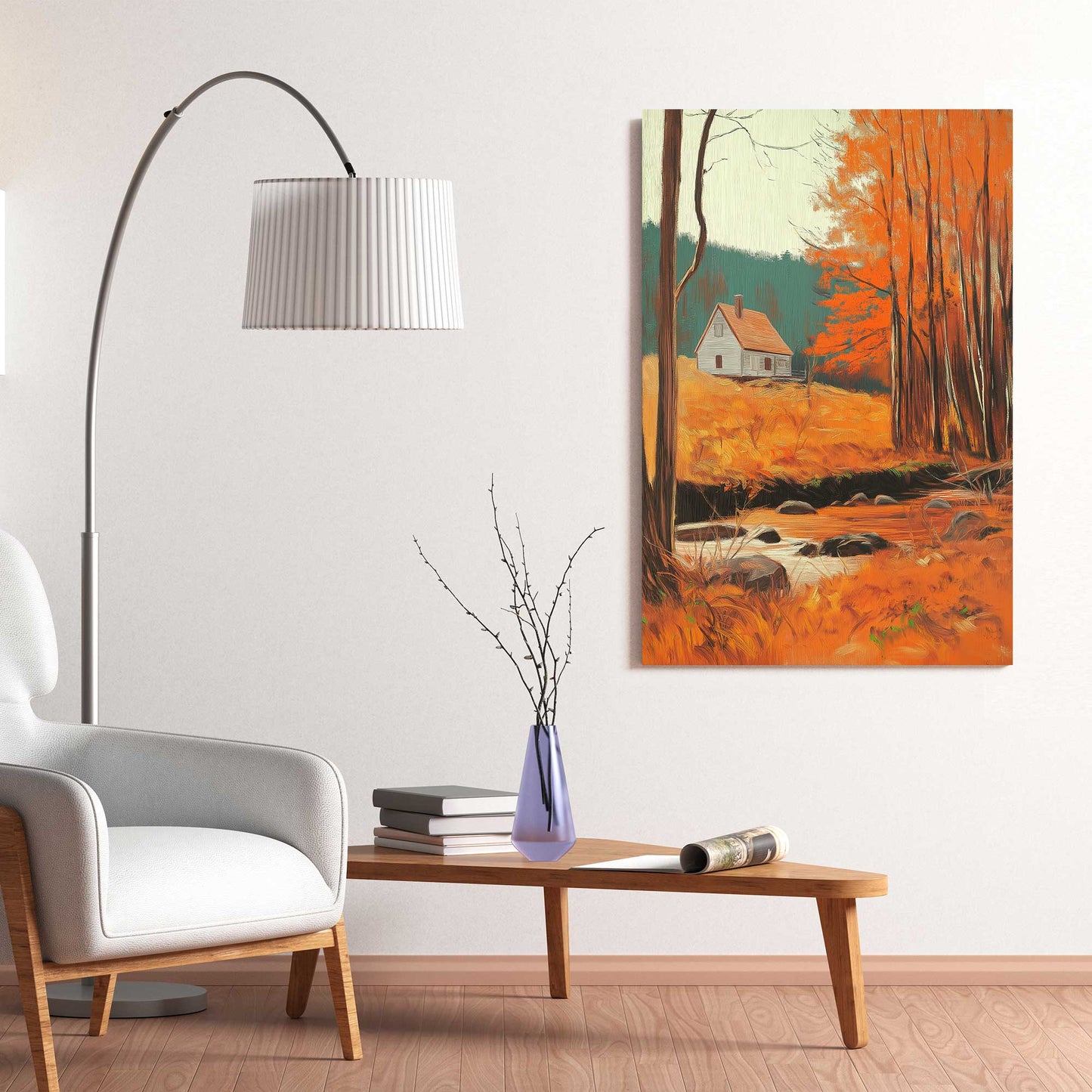 Autumn Cottage by the Stream #1446 Canvas Wall Art & Metal Prints