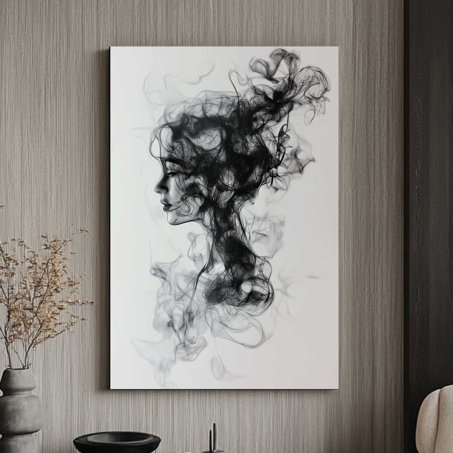 Modern black and white artwork portraying a woman whose is created from smoke