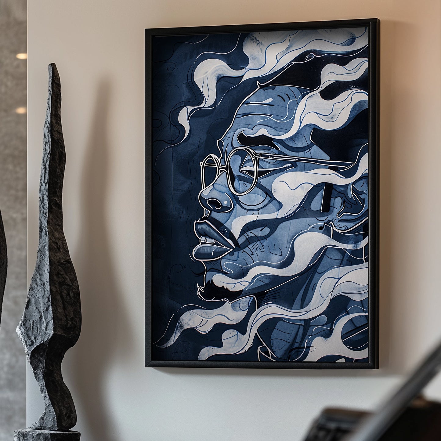 Blue abstract face wall art print