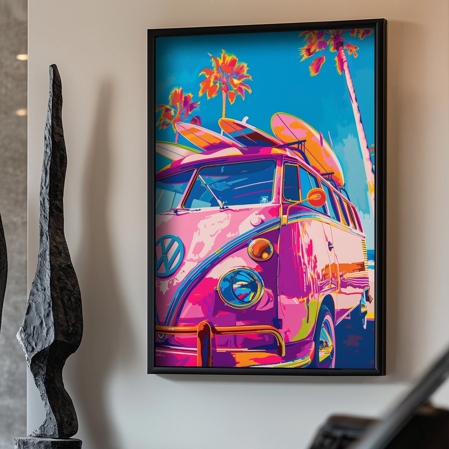 Pink VW bus with surf boards wall art decor