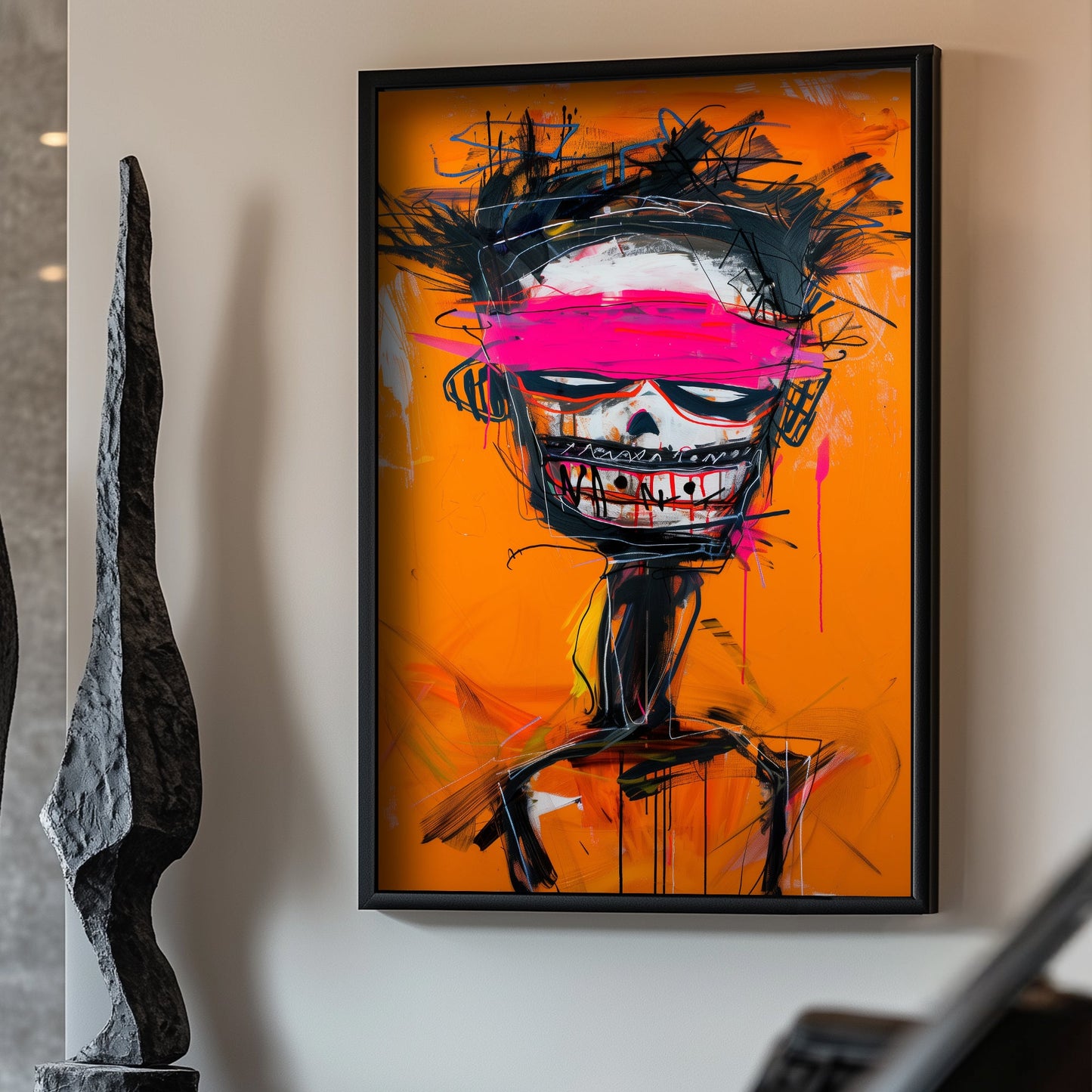 Basquiat skull orange with pink band wall art print
