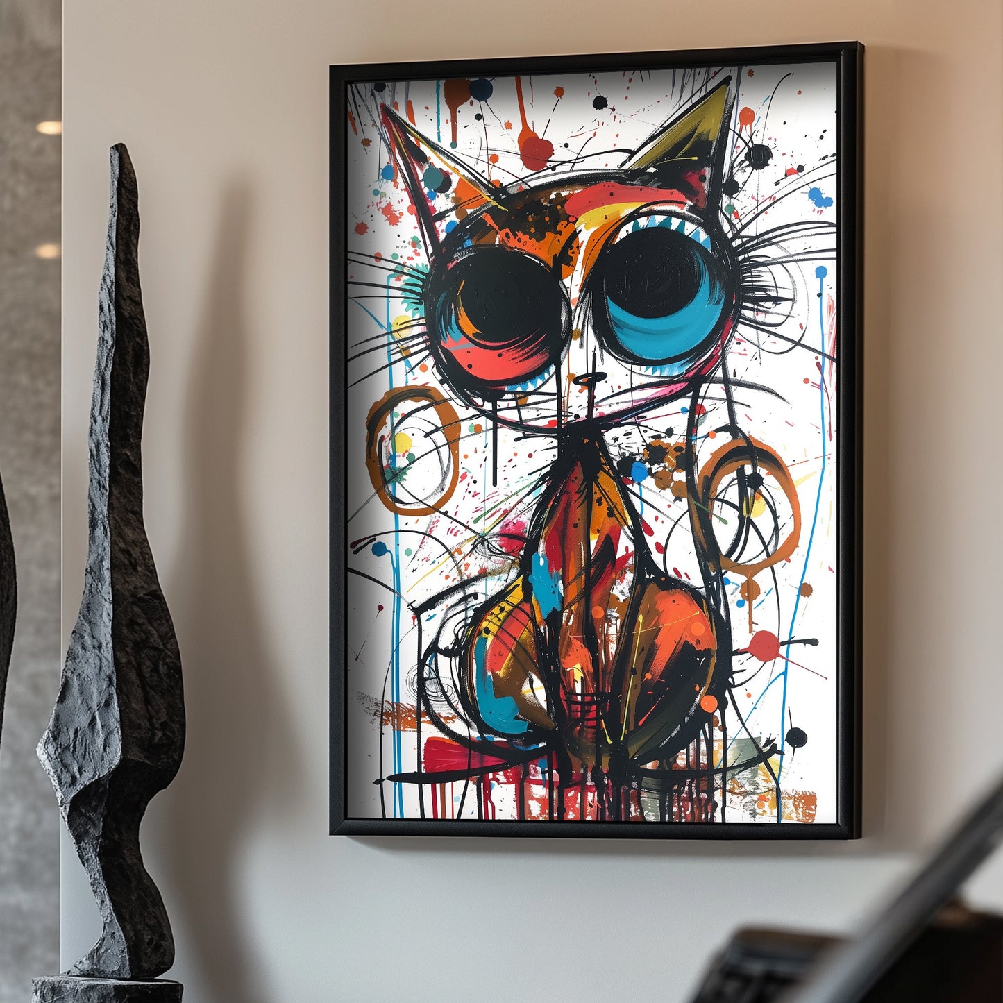 Vibrant funky cat painting wall art decor