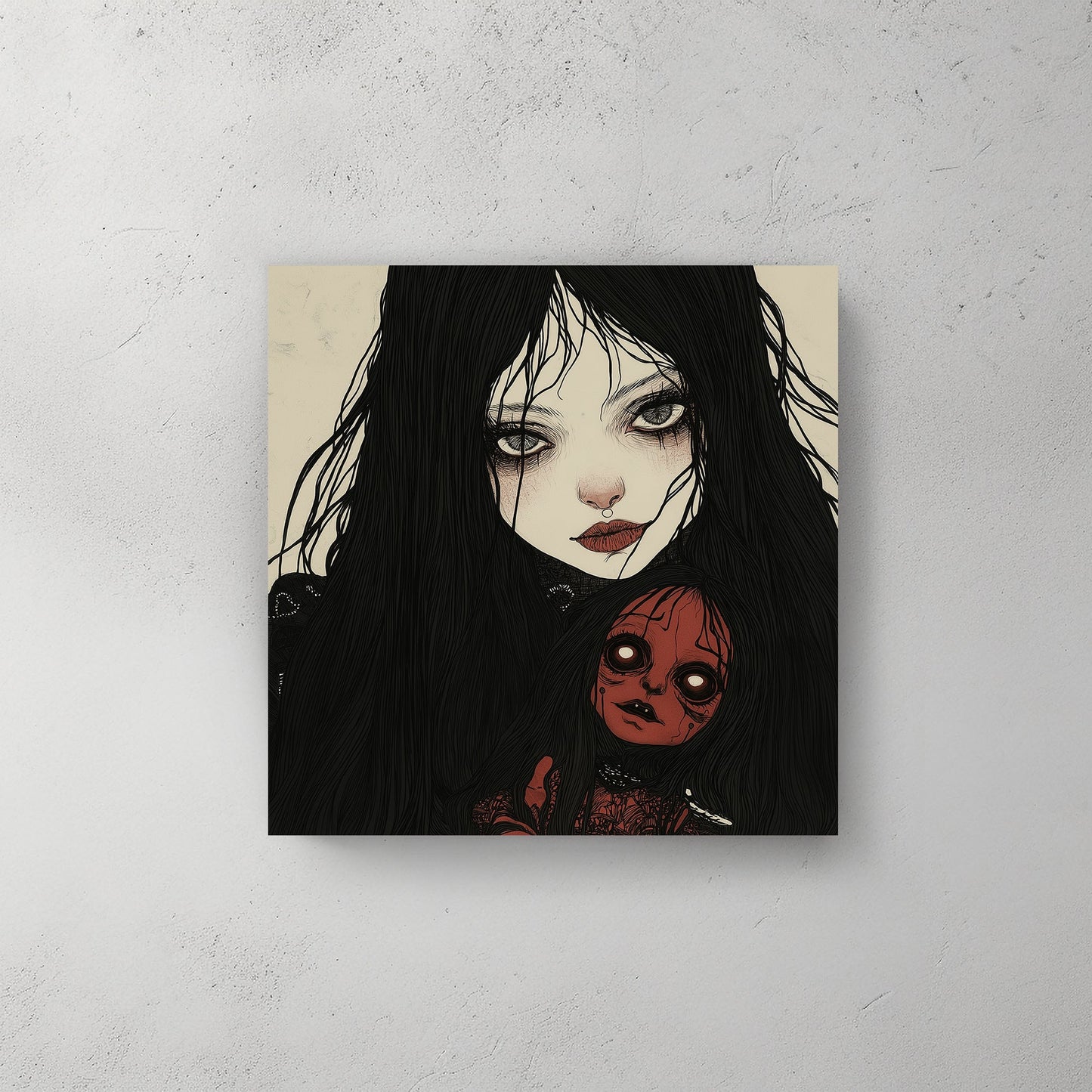 Creepy doll and girl illustration wall decor