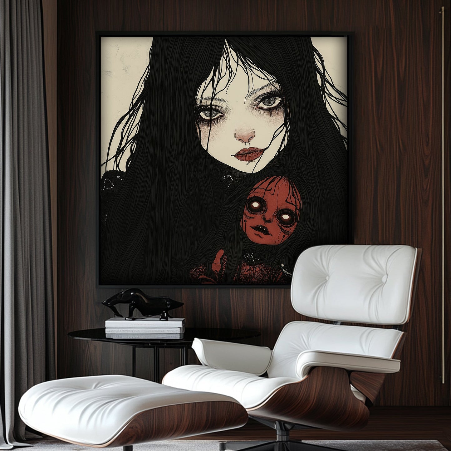 Creepy doll and girl illustration wall decor