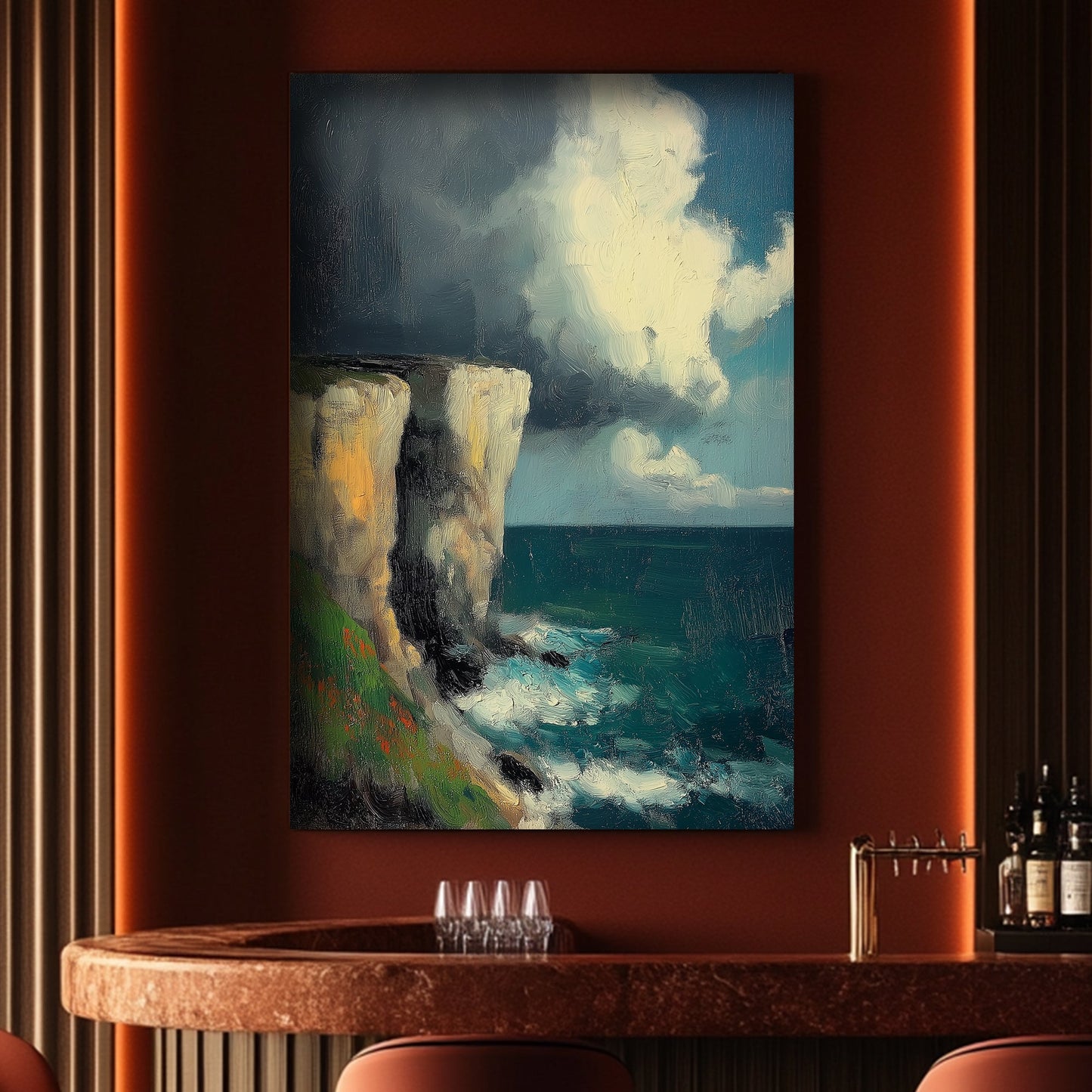 Impressionist seascape with stormy clouds and cliffs wall art decor