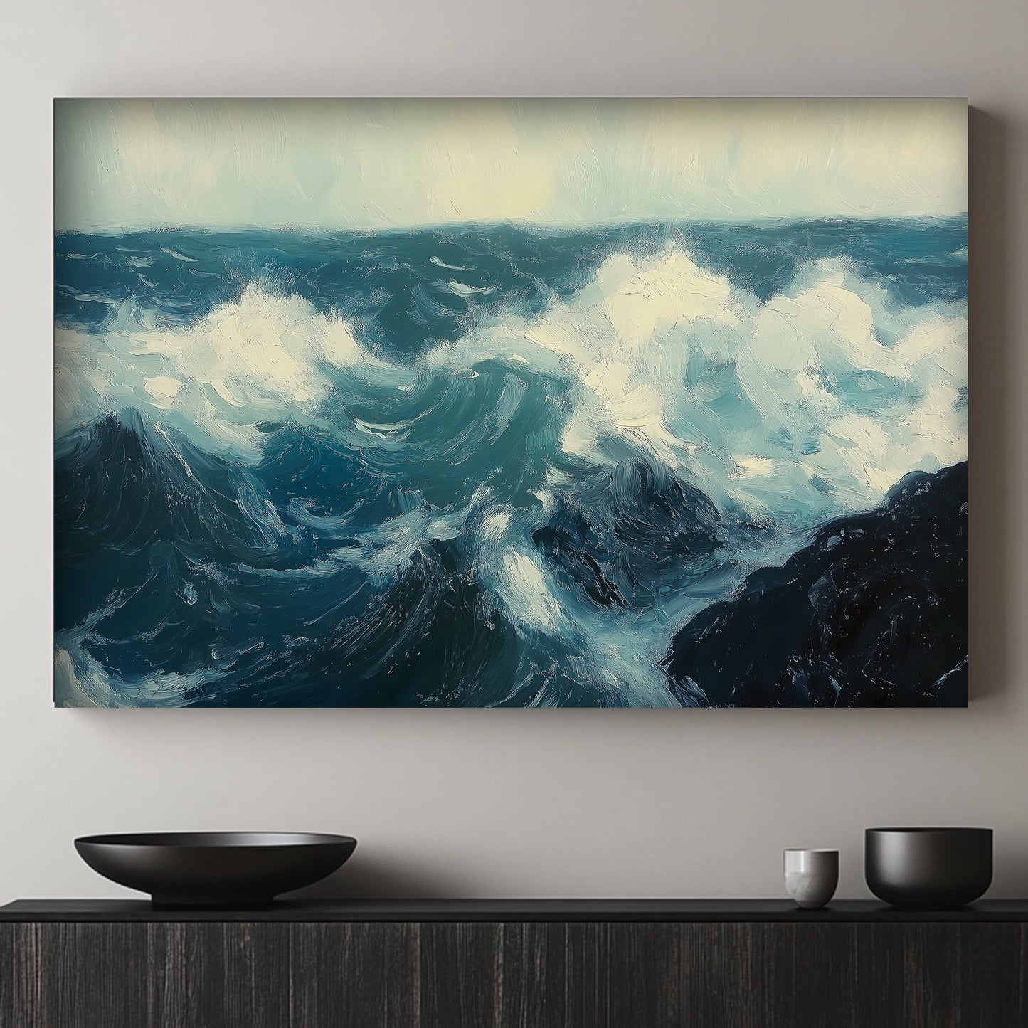 Expressive ocean waves wall art print with deep blues and whites