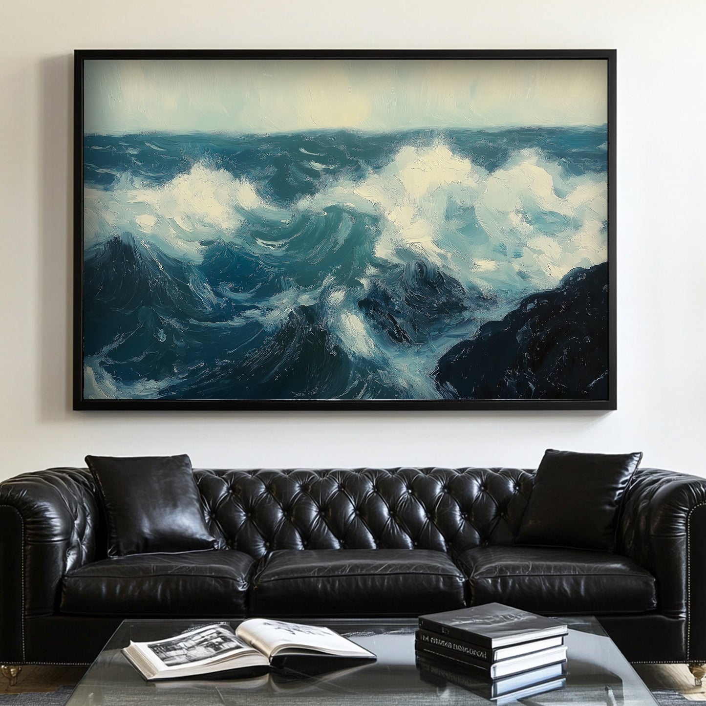 Expressive ocean waves wall art print with deep blues and whites