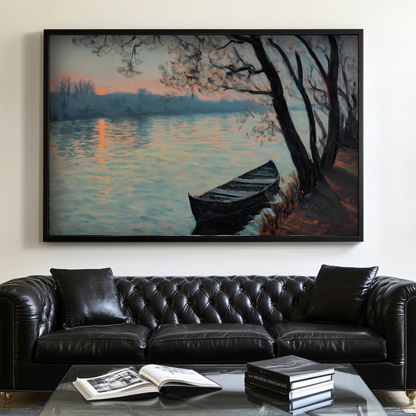 Impressionist wall art print with a boat on a serene river at twilight