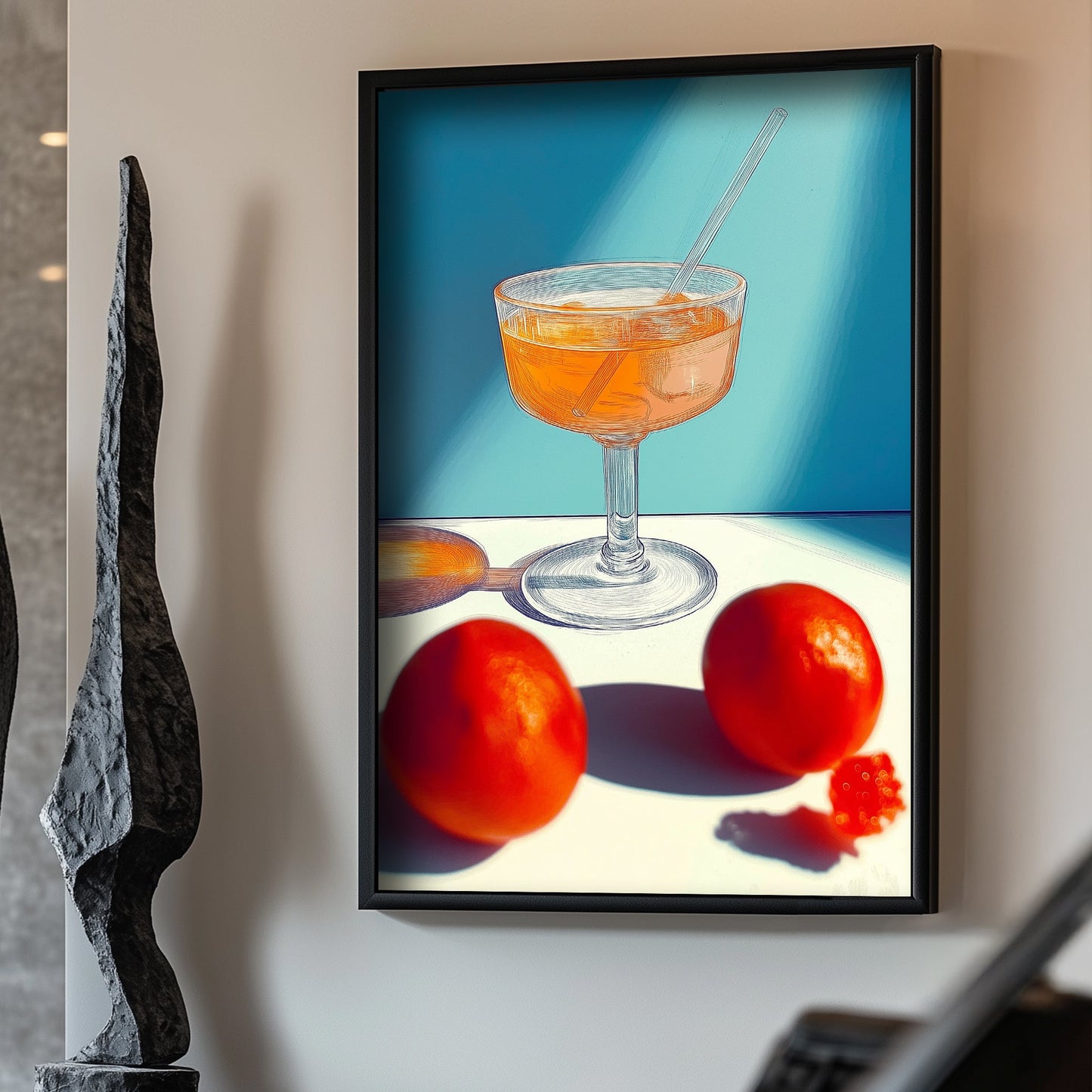 Colourful wall art print of a cocktail glass with orange beverage and oranges