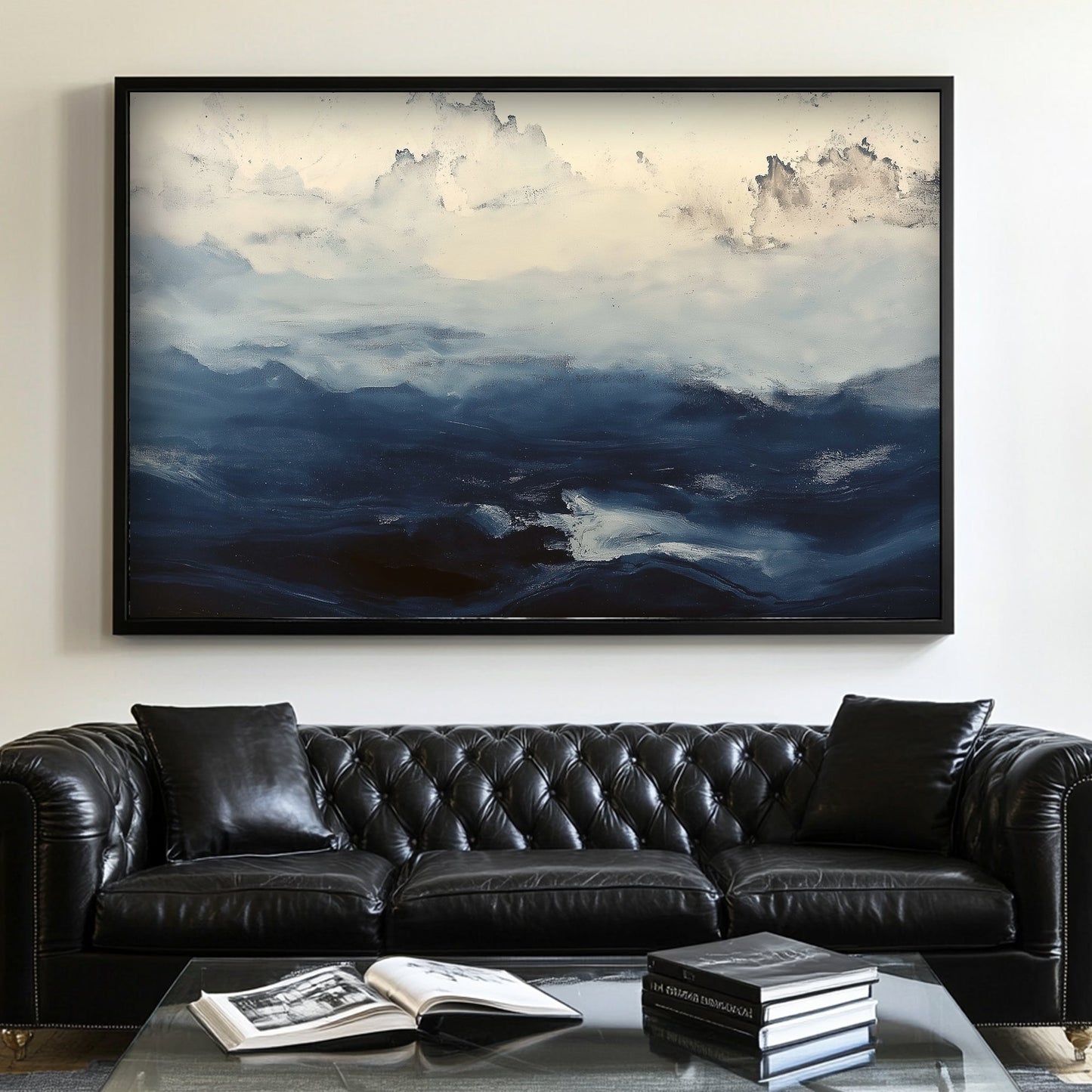Abstract seascape wall art with turbulent dark blue waves under a stormy sky