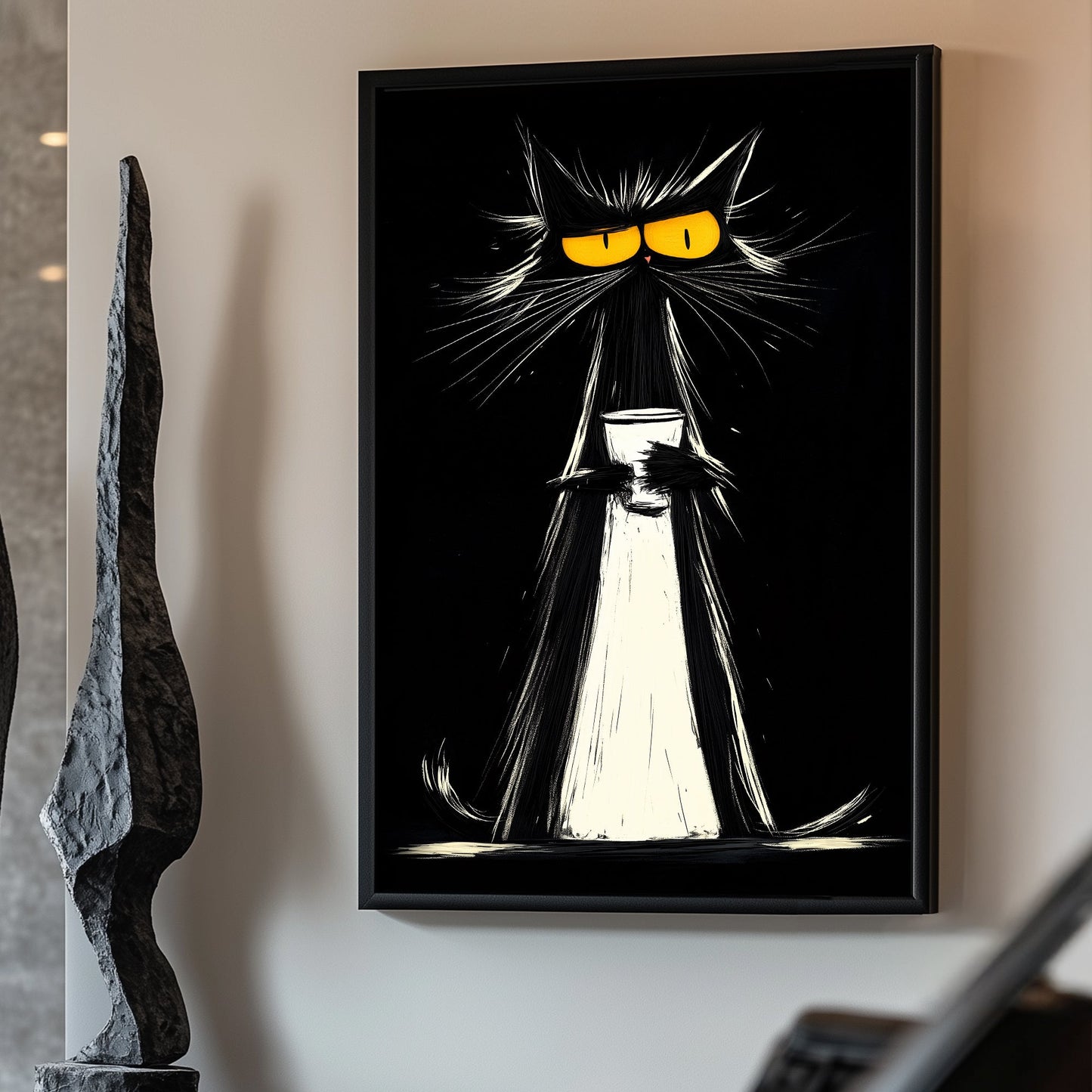 Expressive black and white cat with an intense stare, sipping coffee in a moody art print