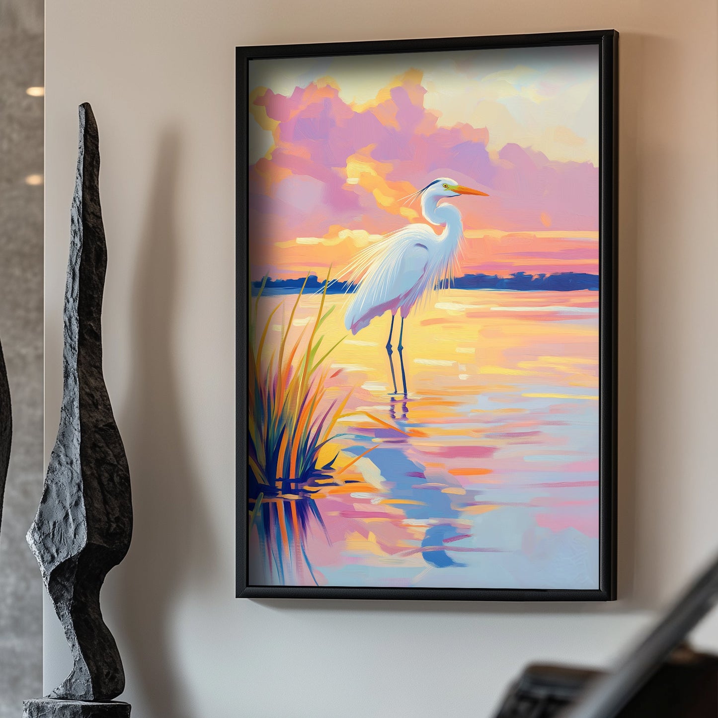 Minimalist nature-inspired wall art of a heron gazing across a vibrant sunset-lit lake