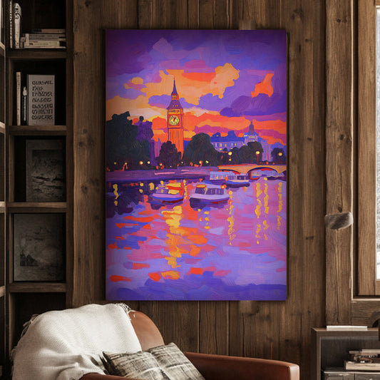 A colourful impressionist wall art print of Big Ben and Westminster at dusk