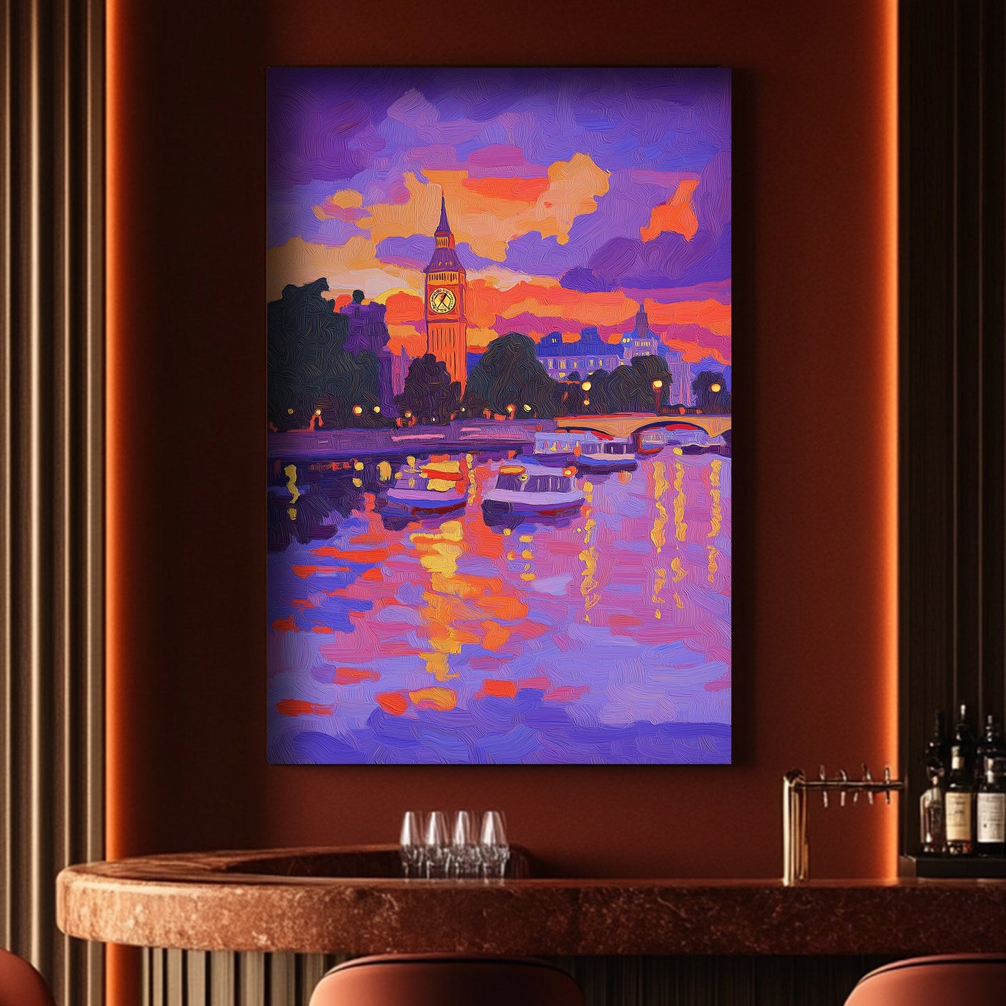 A colourful impressionist wall art print of Big Ben and Westminster at dusk
