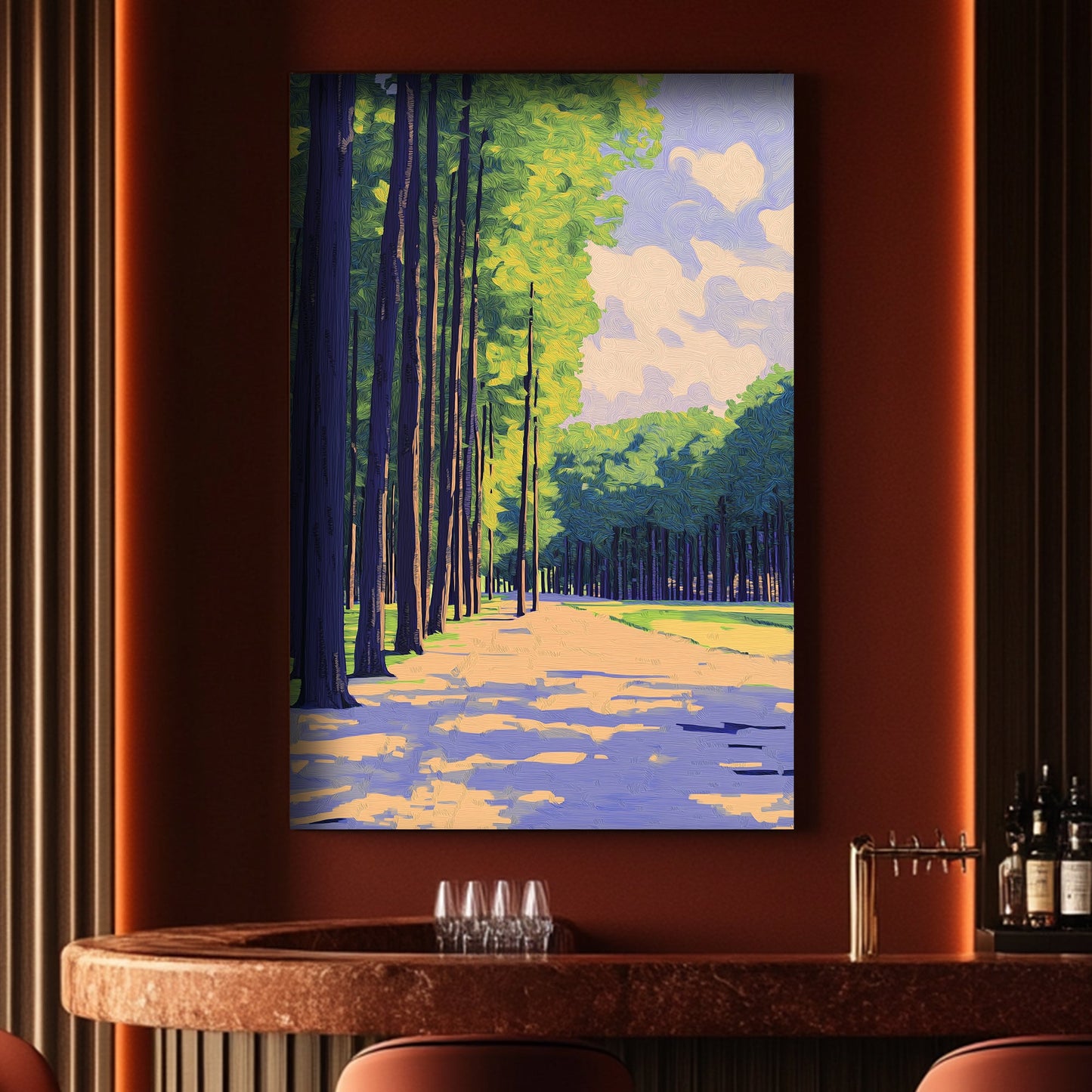Impressionist wall art print of a sun-dappled forest, where towering trees frame a quiet road