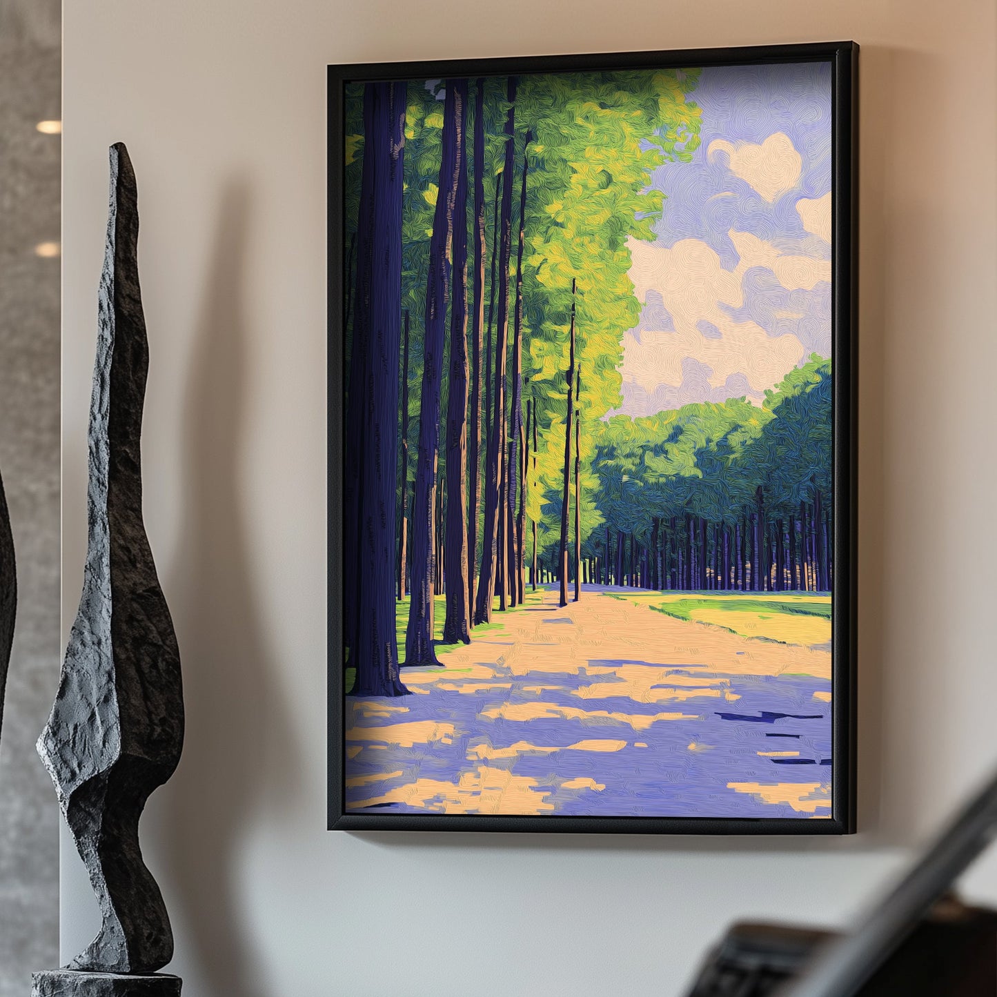 Impressionist wall art print of a sun-dappled forest, where towering trees frame a quiet road