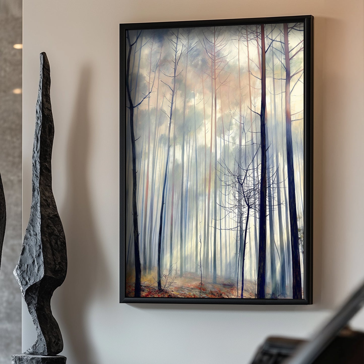 Minimalist-style wall art print of a tranquil woodland