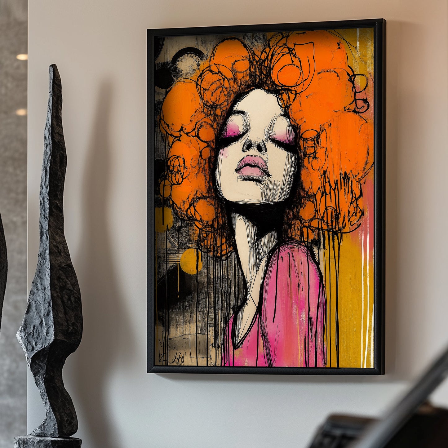 Urban pop wall art depiction of a stylish woman with exaggerated curls